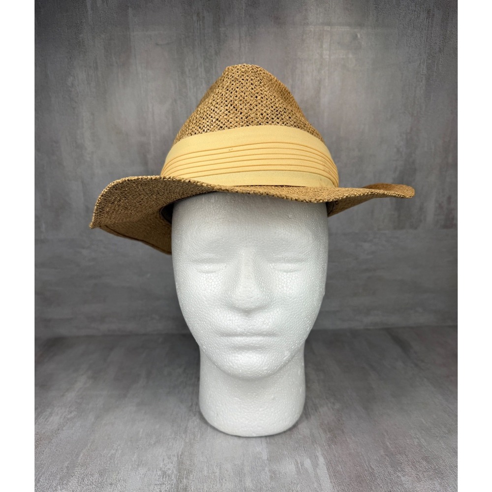 Vintage 70s Dorfman Pacific Straw Fedora Hat Medium Tan Pleated Band Made In USA